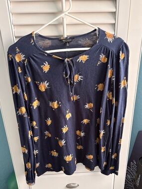Lucky Brand Navy Blue Floral Tie-Front Long Sleeve Top
